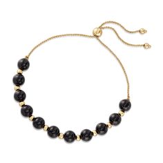 Ross-Simons - Black Onyx and 14kt Yellow Gold Bead Bolo Bracelet. The deep, dark gleam of black onyx looks so eye-catching against 14kt yellow gold. On this bolo bracelet, 3mm 14kt gold beads alternate with 6mm black onyx beads. Set on a wheat chain. 5mm sliding mechanism adjusts to fit most wrists. Black onyx bolo bracelet. Gold Onyx Jewelry With Black Beads, Gold Onyx Beaded Necklaces With Black Beads, Gold Onyx Beaded Necklace With Black Beads, Gold Onyx Beaded Bracelets With Black Beads, Elegant Gold Onyx Beaded Necklaces, Sliding Mechanism, Bolo Bracelet, Onyx Bead, Timeless Jewelry