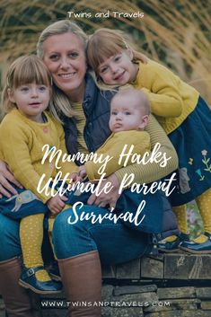 a woman and two children sitting on a bench with the words mommy hacks ultimate parent survival