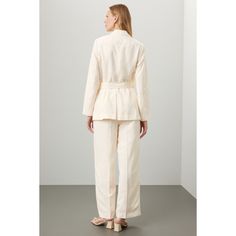 Off-white crepe (73% Lyocell (Tencel‚Ñ¢), 27% Linen). Lining (97% Polyester, 3% Elastane). Blazer. Long sleeves. Collar. Front button closure. 28.5" from shoulder to hemline. Imported. Summer Formal Cream Blazer, Summer Cream Formal Blazer, Summer Neutral Blazer For Workwear, Elegant Off-white Workwear Blazer, Elegant Off-white Blazer For Work, Elegant Off White Blazer For Work, Classic Cream Summer Blazer, Classic Summer Cream Blazer, Elegant Beige Summer Blazer