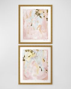 two paintings hanging on the wall next to each other, one is pink and gold