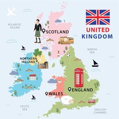 an illustrated map of the united kingdom with all the major cities and their flag colors