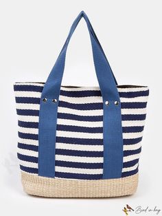 BirdinBag - Stylish Striped Beach Bag: Lightweight, Spacious, Fashionable - Ideal for Daily Shopping Woven Beach Bag, Woven Beach Bags, Beach Tote, Women Bag, Square Bag, Beach Bag, New Arrival, Straw Bag, Contrasting Colors