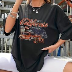 New California Car Print T-Shirt Screen Print Color: Black Size: Medium Measurements: Bust- 44” Length- 27” Material: 95% Polyester, 5% Spandex New Without Tags. Screen Printed Tshirts, Mickey Mouse Shirts, Shark Shirt, Blue Door, Anime Shirt, Athletic Shirts, Casual Top, Fall Shirts, Boho Tops