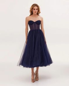 Navy Strapless Puffy Midi Tulle Dress ➤➤ Milla Dresses - USA, Worldwide delivery Evening Tulle Bodice, Prom Season Corset Dress With Boned Bodice And Organza, Prom Season Organza Corset Dress With Boned Bodice, Organza Corset Dress With Boned Bodice For Prom, Sweetheart Neckline Tulle Evening Dress For Gala, Tulle Boned Bodice For Debutante Ball, Tulle Evening Dress With Boned Bodice, Tulle Evening Dress With Fitted Boned Bodice, Fitted Tulle Bodice For Prom