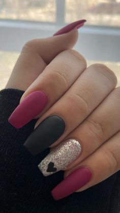 Sparkly And Matte Nails, Black And Red Matte Nails Coffin, Coffin Shape Nails Designs Black, Short Valentines Day Nails Black, Valentine's Day Nails Acrylic Almond, February Nails Acrylic Coffin, Love Inspired Nails, Black Red And Pink Valentine Nails, Black And Red Valentines Nails Short