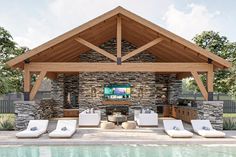 an outdoor living area next to a swimming pool