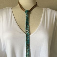 Artist Crystal Bead 20" Long 4 Strand Tassel Fashion Necklace Shades Of "Turquoise & Gold" Shining Crystal Beads. Handmade By Jamierocks. Easy To Open/Close Lobster Clasp Braided Leather Cord From Which Knotted Lavender Crystal Beads Form An 11" Tassel Necklace. 20" Necklace Length With An 11" Drop Bead Tassel An Incredible "Statement" Necklace Great To Dress Up Any Outfit Adjustable Beaded Lariat Necklace For Festivals, Adjustable Multi-strand Beaded Lariat Necklace, Adjustable Multi-strand Beaded Necklaces For Summer, Adjustable Beaded Lariat Turquoise Necklace, Adjustable Beaded Turquoise Lariat Necklace, Adjustable Lariat Necklace With Dangling Round Beads, Bohemian Necklaces With Faceted Beads For Beach, Adjustable Blue Lariat Necklace, Bohemian Necklace With Faceted Beads For Beach