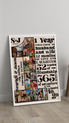 a white frame with black lettering and pictures on it