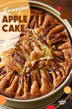 an apple cake in a pan with the title norwegian apple cake on it's side