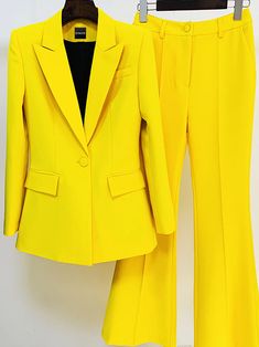 Blazer + Pants Matching Set Color: Yellow Material: Polyester, Cotton Delicate dry clean Protect accessory before washing Cool iron Sample size: S Our Style No. ZC_2021027 Latest Designer Dresses, Graphic Pant, Yellow Suit, Crop Top Sweatshirt, Corsets And Bustiers, Bootcut Pants, Tailored Blazer, Clothing Websites, Suit Set