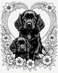 two dogs sitting in front of a heart surrounded by flowers