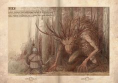 an image of a dragon attacking a knight in the woods with another creature behind him