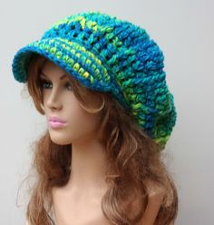 Bohemian Mermaid Slouchy Newsboy Visor Dread Tam Hippie brimmed slouch billed beanie Hat turquoise yellow green Slouch Hat Crochet Pattern, Newsboy Hat Women, Hippie Dreads, Slouch Hat Pattern, Hippie Hat, Handmade Beanies, Crochet Knit Hat, Crochet Scarfs, Hat And Scarf Sets