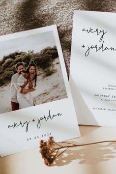 two wedding cards with the words every and jordan printed on them next to each other