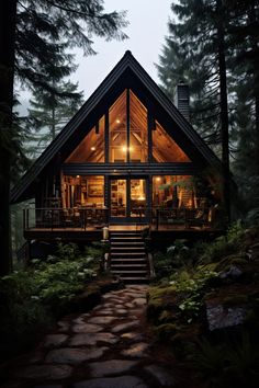 a cabin in the woods lit up at night