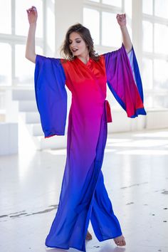 "Satin kimono dress with color transitions in purple and red Light and airy \"Wings\" sewn into the sleeves, which complement the airy image of the dress ➤ Features > dress length: 58,5 inches / 148cm cm ➤ Sizing My Size Guide in FAQ section below will help you define the perfect size match. The item can also be made according to your measurements - just message them to me. ➤ Delivery Your item is made-to-order and will be ready within 2-7 days. Average delivery times: > North America: up Fitted Red Summer Kimono, Spring Bohemian Ombre Dresses, Vibrant Spring Dress With Kimono Sleeves, Multicolor Fitted Dress With Kimono Sleeves, Fitted Multicolor Dress With Kimono Sleeves, Red Flowy Dress With Kimono Sleeves, Long Purple Festival Dress, Long Purple Dress For Festival, Red Wrap Beach Dress