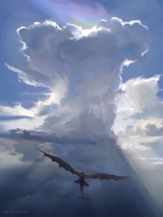 a painting of a bird flying in the sky with clouds behind it and sunbeams