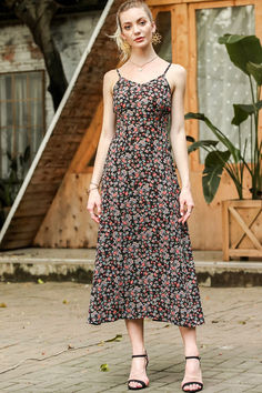 Specifitions   Material : Polyester  Length : Knee Length  Sleeve Length : Sleeveless  Collar : V Neck  Decoration : Pattern  Pattern Type : Floral   Size Chart     Size Bust Waist   XS 80cm 31in 64cm 25in   S 84cm 33in 68cm 26¾in   M 88cm 34½in 72cm 28¼in   L 94cm 37in 78cm 30¾in   	 Size: XS, S, M, L; Color: black Red Spaghetti Strap Dress, Slim Dress, Suspender Dress, Long Summer Dresses, Slim Dresses, Printed Midi Dress, Types Of Skirts, Spaghetti Strap Dresses, Black Midi Dress