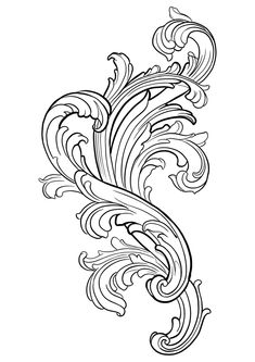 a black and white drawing of an ornate design with swirls on the side,