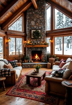 a living room filled with furniture and a fire place in the middle of a room