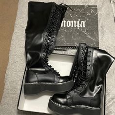 Size 6 Brand New Never Worn. They Didn’t Fit Me. Cheap Demonia Boots, Black Demonia Boots, Demonia Stack 301, Demonia Boots Camel 311, Demonia Damned 318, Demonia Shoes, Moto Boots, Lace Up Boots, Lace Up