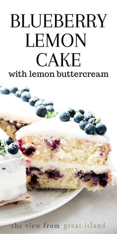 blueberry lemon cake with lemon buttercream on a plate