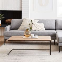 a living room with a gray couch and coffee table