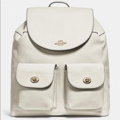 Billie Backpack (Coach F29008) Chalk/Light Gold Details Refined Pebble Leather Inside Zip, Cell Phone And Multifunction Pockets Flap And Drawstring Closures, Fabric Lining Top Handle With 3 1/4" Drop Outside Turnlock Pockets Adjustable Shoulder Straps 12" (L) X 13" (H) X 5" (W) Luxury Beige Everyday Backpack, Designer Everyday Backpack With Removable Pouch, Elegant White Leather Backpack For Everyday Use, Elegant White Leather Backpack For Travel, Elegant White Leather Backpack For Everyday, Elegant White Leather Travel Backpack, Elegant White Leather Everyday Backpack, Leather Backpack With Gold-tone Hardware For Errands, Luxury Beige Backpack For Errands