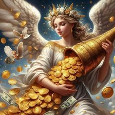 an angel holding a large bundle of gold coins with money flying out of her hands