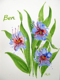 three blue flowers with green leaves on a white background and the words ben written below