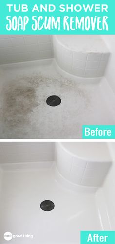 before and after pictures of a shower with soap on the floor, showing how to clean it