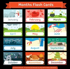 months flash cards with pictures and words