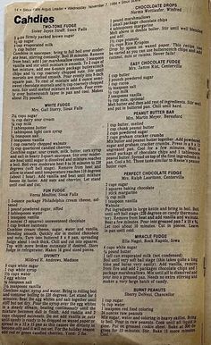 an old recipe book is open to show the ingredients and instructions for making candies