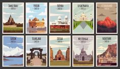 a series of travel posters with different locations