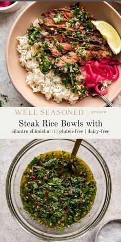 steak rice bowls with cilantro sauce and greens