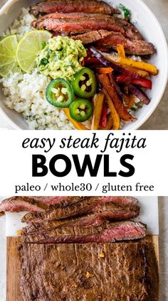 easy steak fajita bowls with rice and vegetables on the side, served in a white bowl