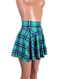 "Please measure yourself to make sure you get the correct length Teal plaid spandex skater skirt 15\" shown on mannequin. High waist skirt can be worn lower or higher most skirts allow you to place the waistline where it suits you on your particular body shape and personal desire! this fun flirty skirt is a full circle design and can be ordered in lengths of 10 inch, 12 inch,13\", 15, 17\" inch and 19 inch- if you need a longer length contact me for a quote. Any of my items can be made in any sp Casual Fitted Plaid Skort, Plaid Skirted Skort For School, School Fitted Plaid Mini Skirt, Fitted Plaid Tennis Skirt For School, Plaid Skort For School, Plaid Mini Skort For School, Fitted Plaid Mini Skort, Fitted Mini Skirt For School, Stretch Short Skirt For School