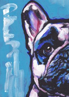 a painting of a french bulldog on a blue background with bones in the foreground