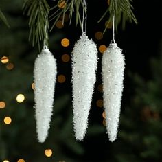 three white ornaments hanging from a christmas tree