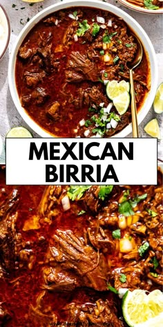 mexican burrito soup in a bowl with limes and cilantro on the side