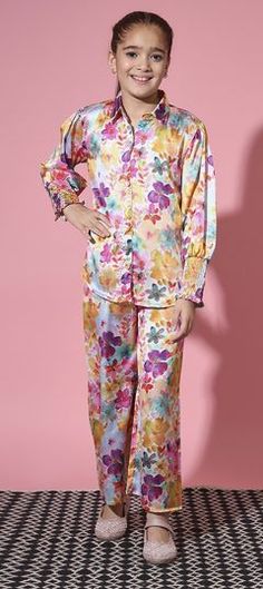 Multicolor color Girls Co-ords Set in Satin Silk fabric with Floral, Printed work Multicolor Floral Print Sets For Pajama Party, Multicolor Floral Print Loungewear Sets, Pink Long Sleeve Pant Set For Spring, Multicolor Long Sleeve Pajama Party Sets, Multicolor Matching Pant Set For Spring, Multicolor Floral Print Sets, Spring Multicolor Floral Print Pant Set, Multicolor Floral Print Long Sleeve Set, Multicolor Long Sleeve Floral Print Set