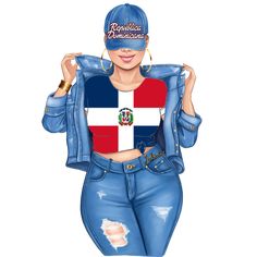 a drawing of a woman wearing ripped jeans and a denim jacket with the flag of peru on it