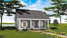 this is a computer rendering of a small house in the grass with trees around it