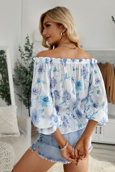 Sky Blue Floral Print Off The Shoulder Blouse Blue Off-shoulder Top With Floral Print, Blue Off-shoulder Floral Print Tops, Light Blue Blouse For Spring Vacation, Light Blue Blouse For Vacation In Spring, Light Blue Floral Print Blouse For Vacation, Chic Light Blue Floral Print Top, Blue Blouse For Spring Vacation, Blue Blouse For Spring Brunch, Spring Vacation Blue Blouse