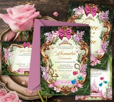 the wedding stationery is decorated with pink roses and green leaves, along with an ornate frame