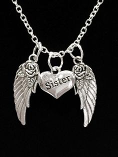 Sister Guardian Angel Wing, Heaven, In Memory Necklace Metal Charm Necklace For Mother's Day Anniversary, Metal Charm Necklaces For Mother's Day Anniversary, Mother's Day Metal Charm Necklaces, Mother's Day Metal Charm Necklace Gift, Metal Charm Necklace For Mother's Day Gift, Metal Charm Necklaces For Mother's Day Gift, Nickel-free Silver Necklace For Best Friend Gift, Nickel-free Silver Necklace For Best Friend, Silver Nickel-free Necklace For Best Friend