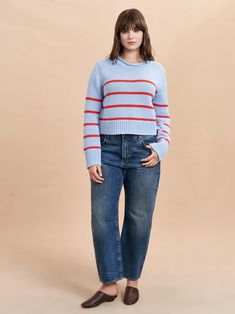 Mini Marina Sweater | La Ligne NYC Marin Sweater, Stripe Fashion, Chelsea Girls, Love Us, Knitwear Tops, Cornflower Blue, Blue Sweaters, Bright Red, Denim Dress