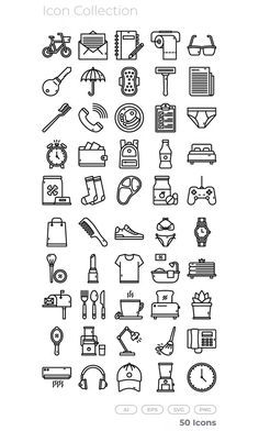 the icon collection is shown in black and white, with different types of items to choose from