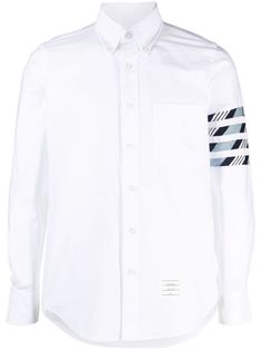 off-white light grey cotton check pattern classic collar front button fastening chest welt pocket logo patch to the front long sleeves buttoned cuffs curved hem rear curved hem signature 4-Bar stripe Pocket Logo, Slim Fit Shirt, Button Down Collar, Grey Cotton, Check Pattern, Thom Browne, Patch Logo, Workout Shirts, Cotton Shirt