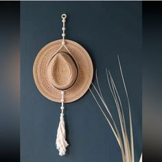 a hat hanging on the wall next to a plant